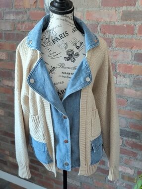Beige Knit and Light Blue Denim Mixed-Media Jacket